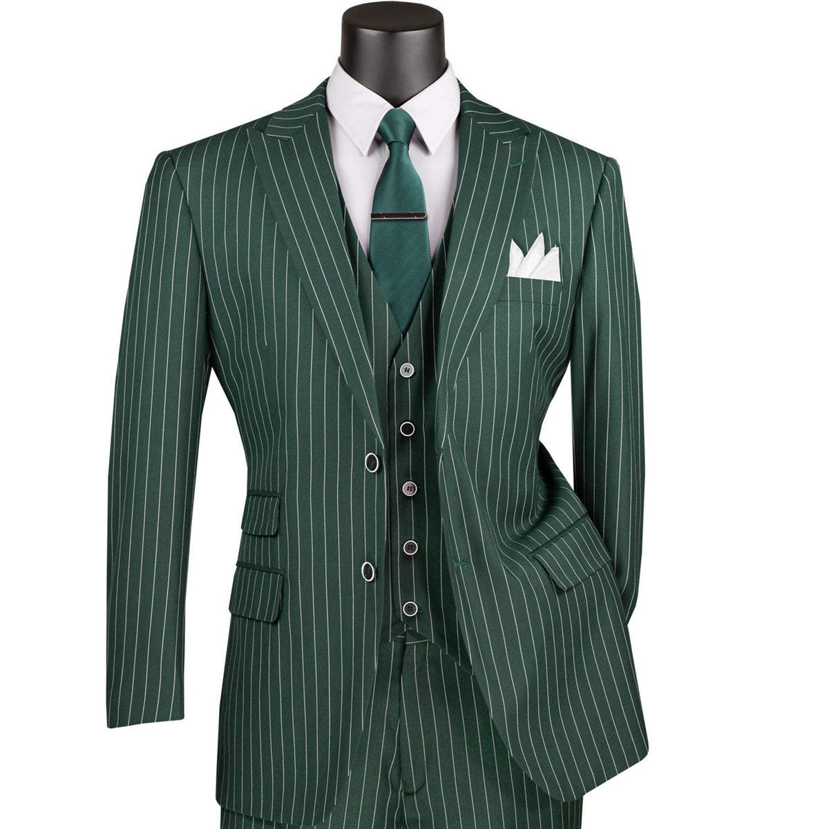 VINCI Men's Hunter Green Gangster Stripe 3pc 2-Button Classic-Fit Suit - NEW. Elegant design with a bold peak lapel jacket and flat-front pants ready for custom tailoring. Ideal for office and social events, providing a sharp, timeless look. Available at Fashion House Inc. (FH Menswear)