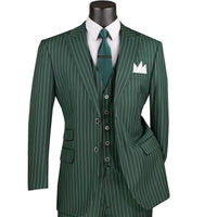 VINCI Men's Hunter Green Gangster Stripe 3pc 2-Button Classic-Fit Suit - NEW. Elegant design with a bold peak lapel jacket and flat-front pants ready for custom tailoring. Ideal for office and social events, providing a sharp, timeless look. Available at Fashion House Inc. (FH Menswear)
