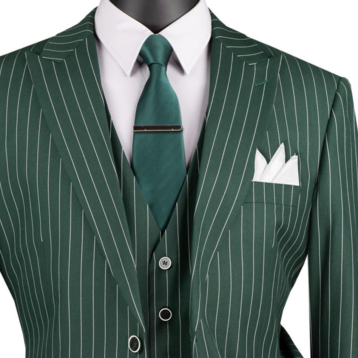 VINCI Men's Hunter Green Gangster Stripe 3pc 2-Button Classic-Fit Suit - NEW. Elegant design with a bold peak lapel jacket and flat-front pants ready for custom tailoring. Ideal for office and social events, providing a sharp, timeless look. Available at Fashion House Inc. (FH Menswear)
