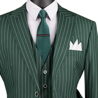 VINCI Men's Hunter Green Gangster Stripe 3pc 2-Button Classic-Fit Suit - NEW. Elegant design with a bold peak lapel jacket and flat-front pants ready for custom tailoring. Ideal for office and social events, providing a sharp, timeless look. Available at Fashion House Inc. (FH Menswear)