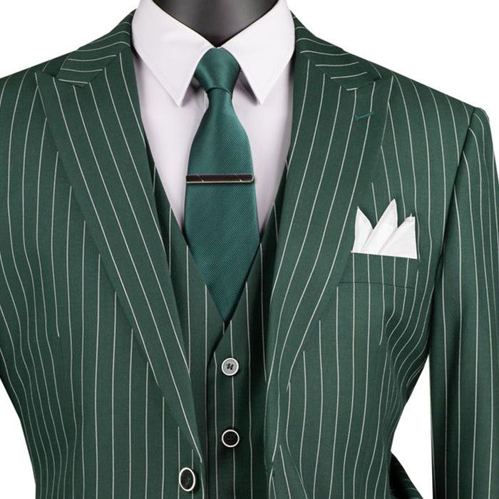VINCI Men's Hunter Green Gangster Stripe 3pc 2-Button Classic-Fit Suit - NEW. Elegant design with a bold peak lapel jacket and flat-front pants ready for custom tailoring. Ideal for office and social events, providing a sharp, timeless look. Available at Fashion House Inc. (FH Menswear)