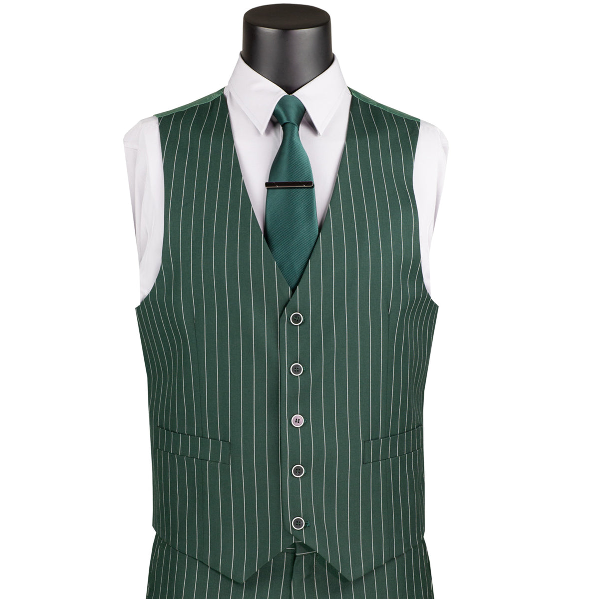 VINCI Men's Hunter Green Gangster Stripe 3pc 2-Button Classic-Fit Suit - NEW. Elegant design with a bold peak lapel jacket and flat-front pants ready for custom tailoring. Ideal for office and social events, providing a sharp, timeless look. Available at Fashion House Inc. (FH Menswear)
