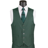 VINCI Men's Hunter Green Gangster Stripe 3pc 2-Button Classic-Fit Suit - NEW. Elegant design with a bold peak lapel jacket and flat-front pants ready for custom tailoring. Ideal for office and social events, providing a sharp, timeless look. Available at Fashion House Inc. (FH Menswear)