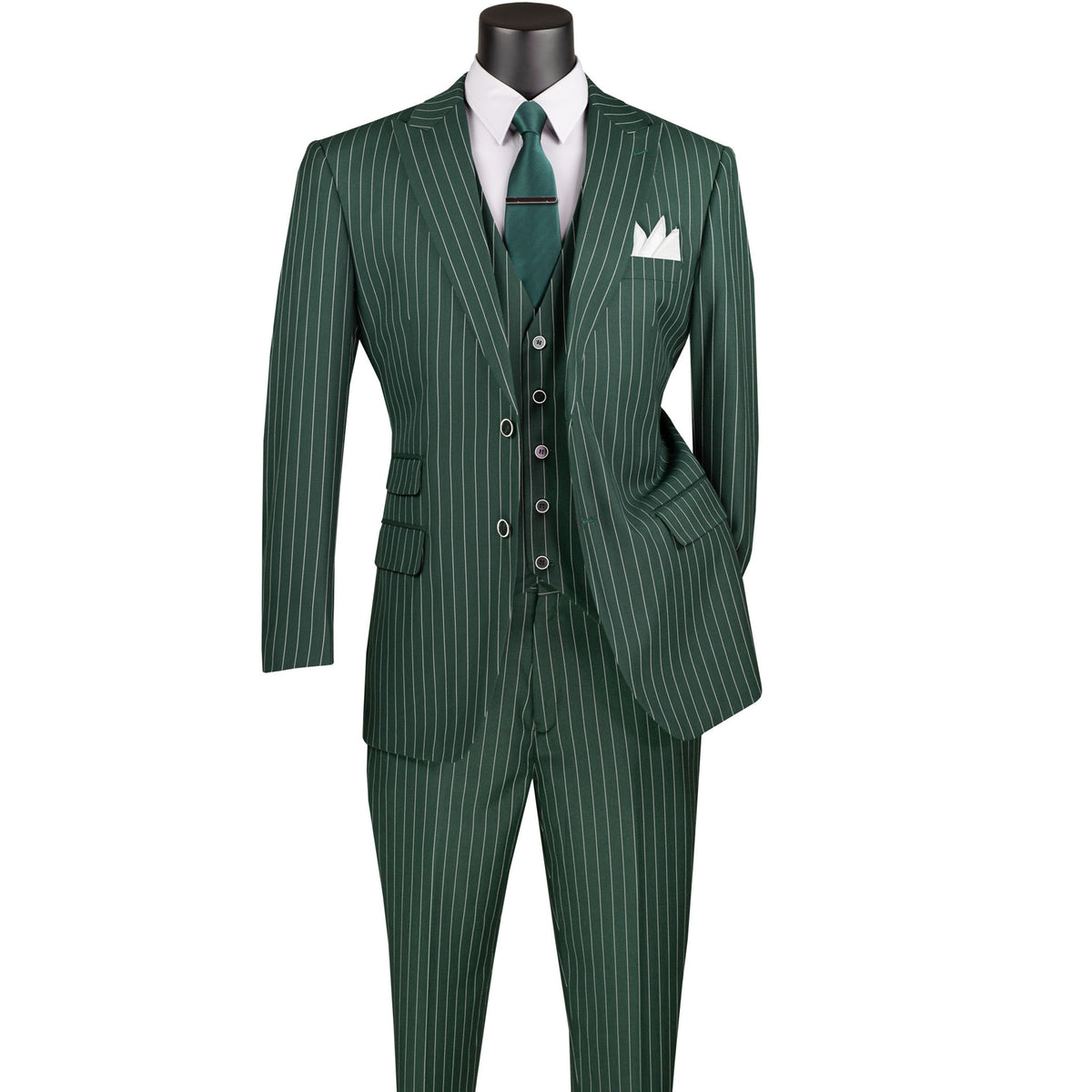 VINCI Men's Hunter Green Gangster Stripe 3pc 2-Button Classic-Fit Suit - NEW. Elegant design with a bold peak lapel jacket and flat-front pants ready for custom tailoring. Ideal for office and social events, providing a sharp, timeless look. Available at Fashion House Inc. (FH Menswear)