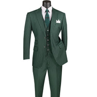 VINCI Men's Hunter Green Gangster Stripe 3pc 2-Button Classic-Fit Suit - NEW. Elegant design with a bold peak lapel jacket and flat-front pants ready for custom tailoring. Ideal for office and social events, providing a sharp, timeless look. Available at Fashion House Inc. (FH Menswear)