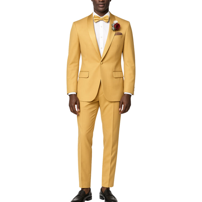 VINCI Men's Light Gold Stretch 1-Button Slim-Fit Shawl Tuxedo - NEW. Features a sleek slim-fit design with skinny sateen shawl lapel and flat-front pants ready for tailoring. Ideal for weddings, galas, and formal occasions. Available at Fashion House Inc. (FH Menswear)