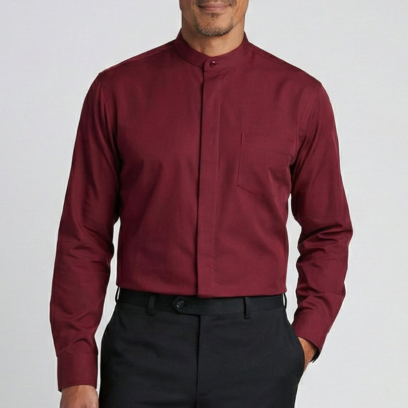 Model wearing our Burgundy Banded Collar Dress Shirt (FH Menswear)
