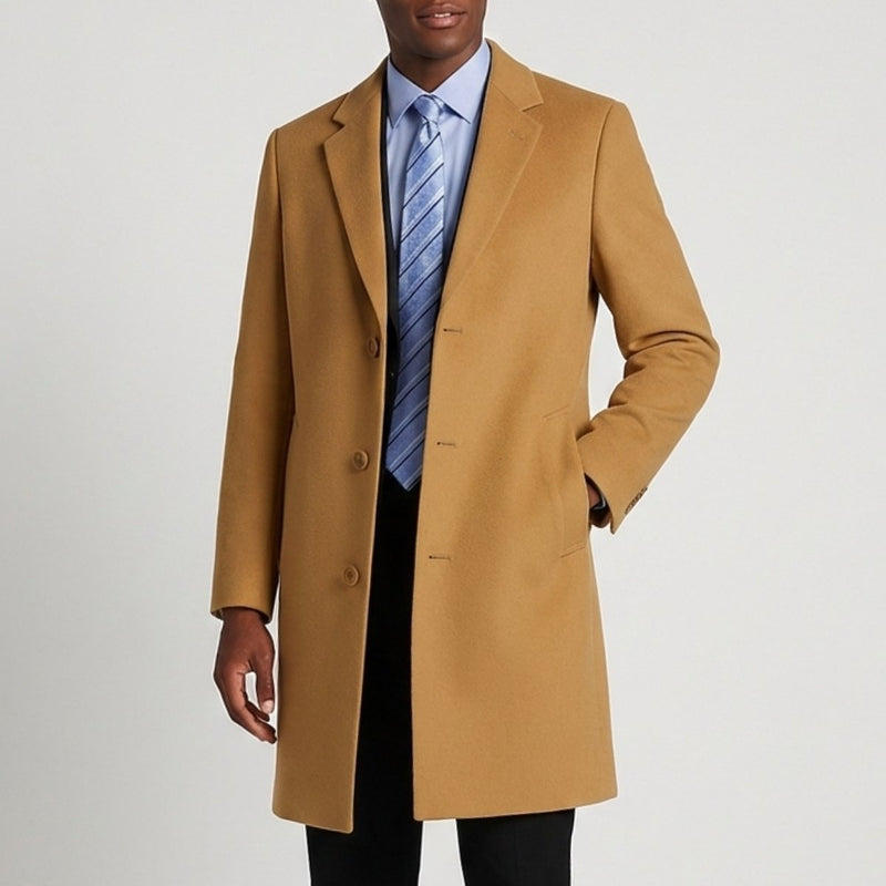 Model wearing our Camel Beige 38" Long Topcoat (FH Menswear)
