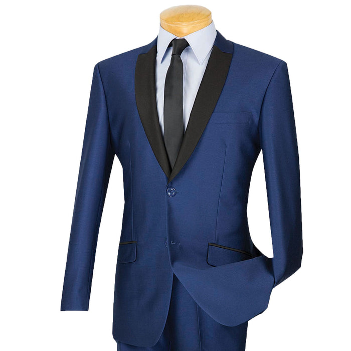 Sharkskin Shawl-Lapel Slim-Fit Tuxedo in Navy Blue