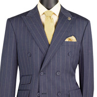 Wide Striped Double Breasted Regular Fit Suit w/ Adjustable Waistband in Denim Blue