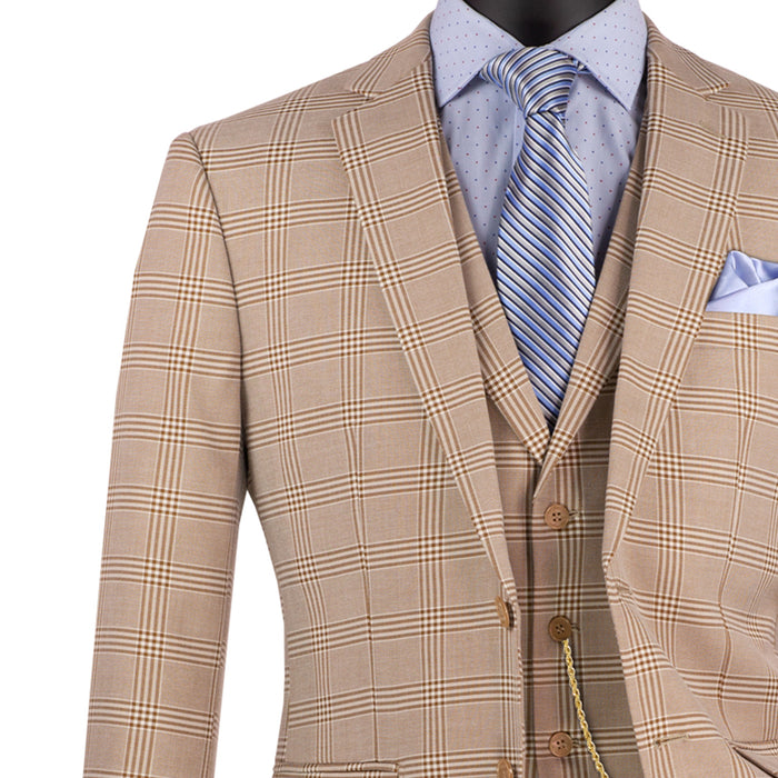 Windowpane Plaid 3-Piece Slim-Fit Suit in Beige