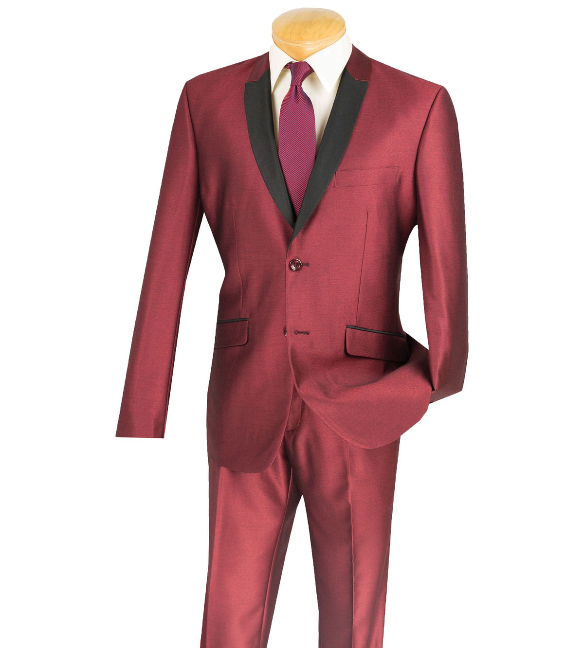 Sharkskin Shawl-Lapel Slim-Fit Tuxedo in Burgundy