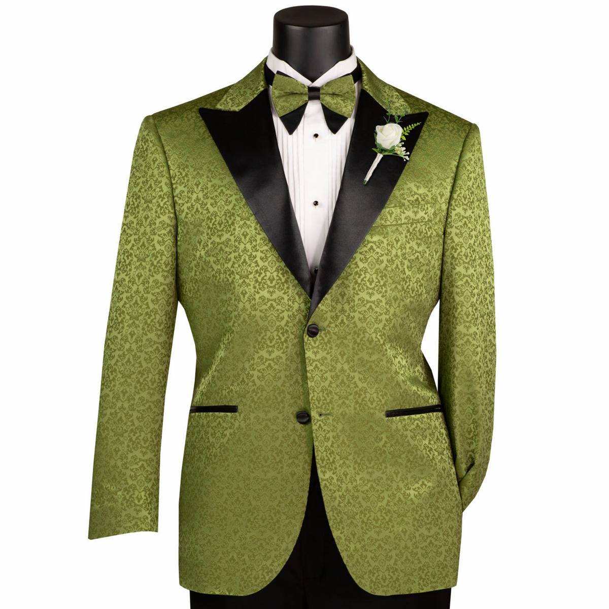 Floral Jacquard 2 Button Reg Fit Tuxedo Jacket in Pesto Green