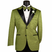 Floral Jacquard 2 Button Reg Fit Tuxedo Jacket in Pesto Green
