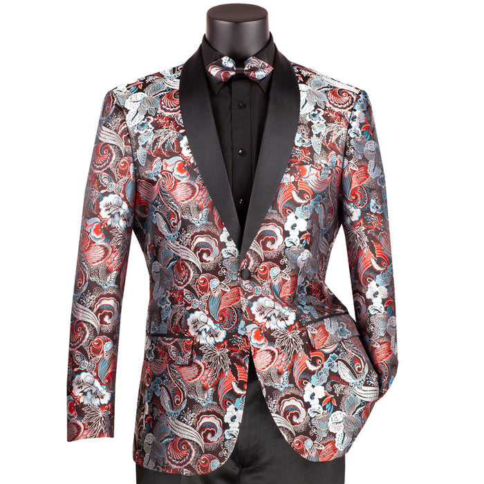 Floral Modern-Fit Shawl-Collar Metallic Tuxedo Jacket in Burgundy