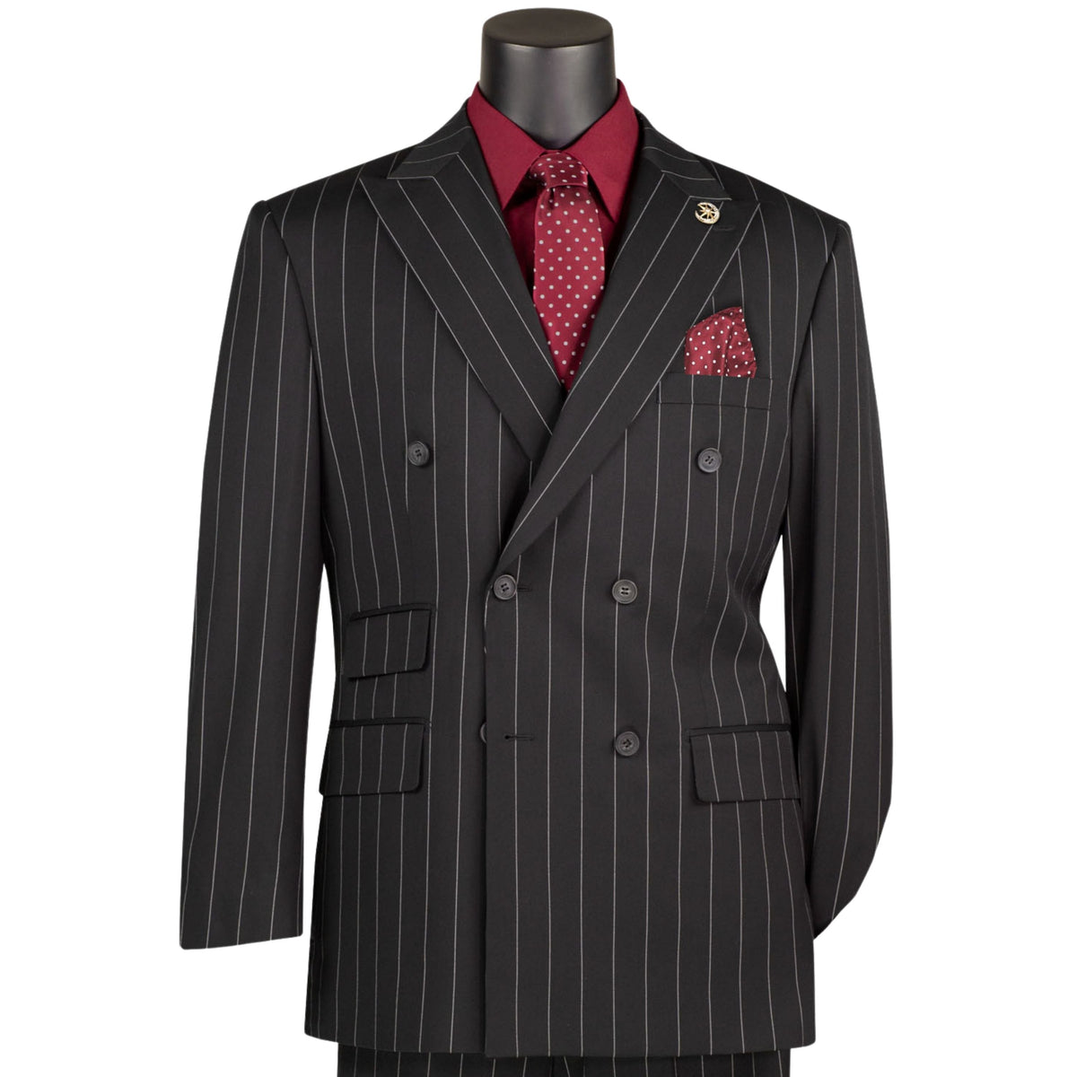 Wide Striped Double Breasted Regular Fit Suit w/ Adjustable Waistband in Black