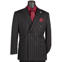 Wide Striped Double Breasted Regular Fit Suit w/ Adjustable Waistband in Black