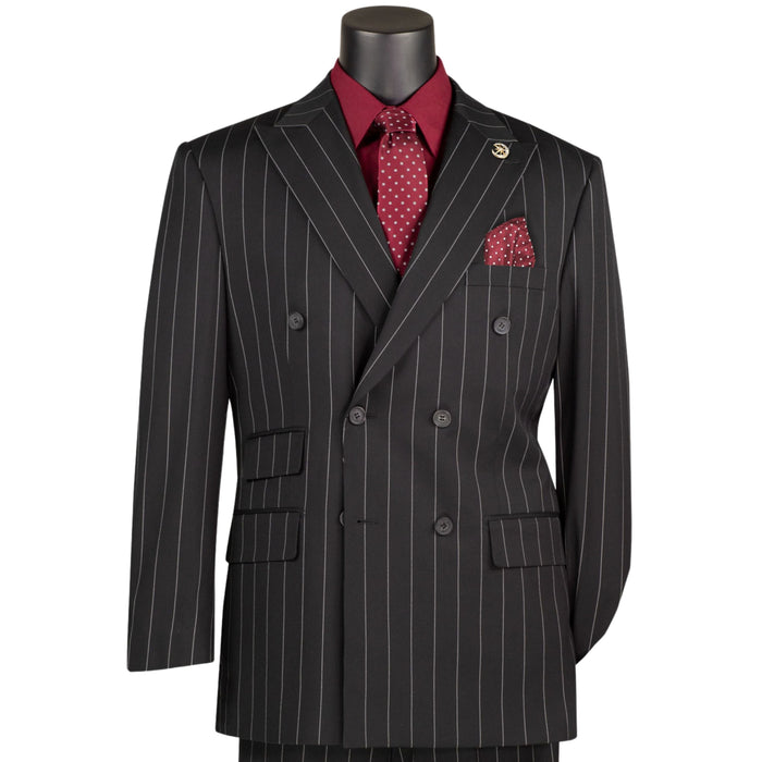 Wide Striped Double Breasted Regular Fit Suit w/ Adjustable Waistband in Black