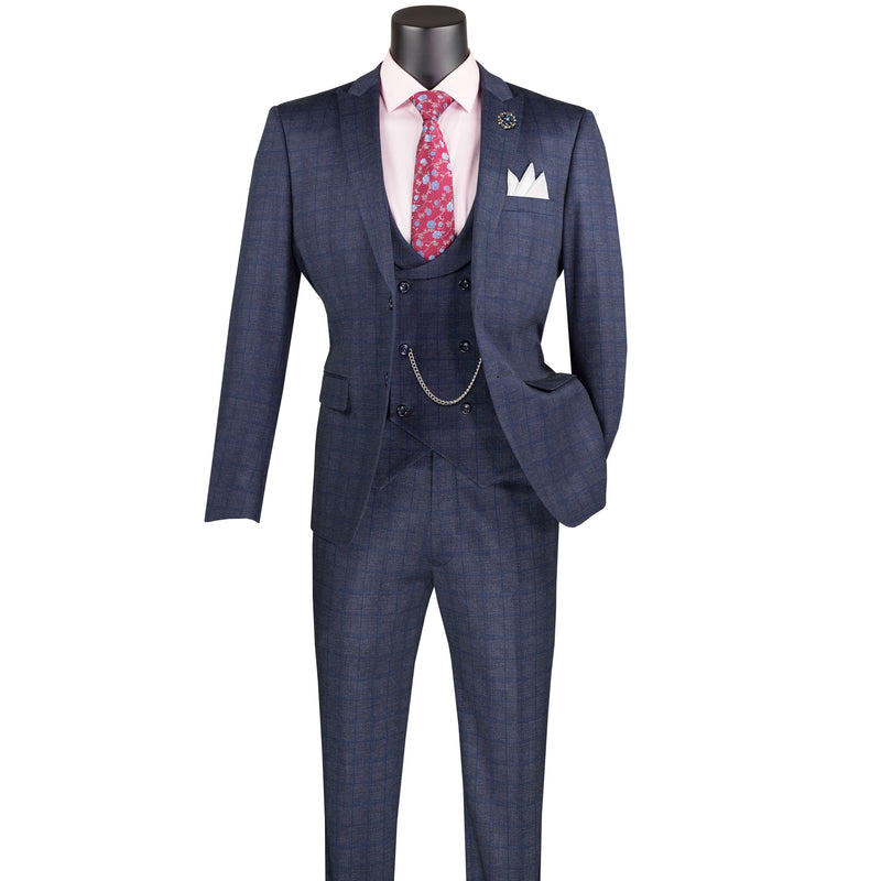 Plaid 3-Piece Slim-Fit Stretch Suit in Navy Blue