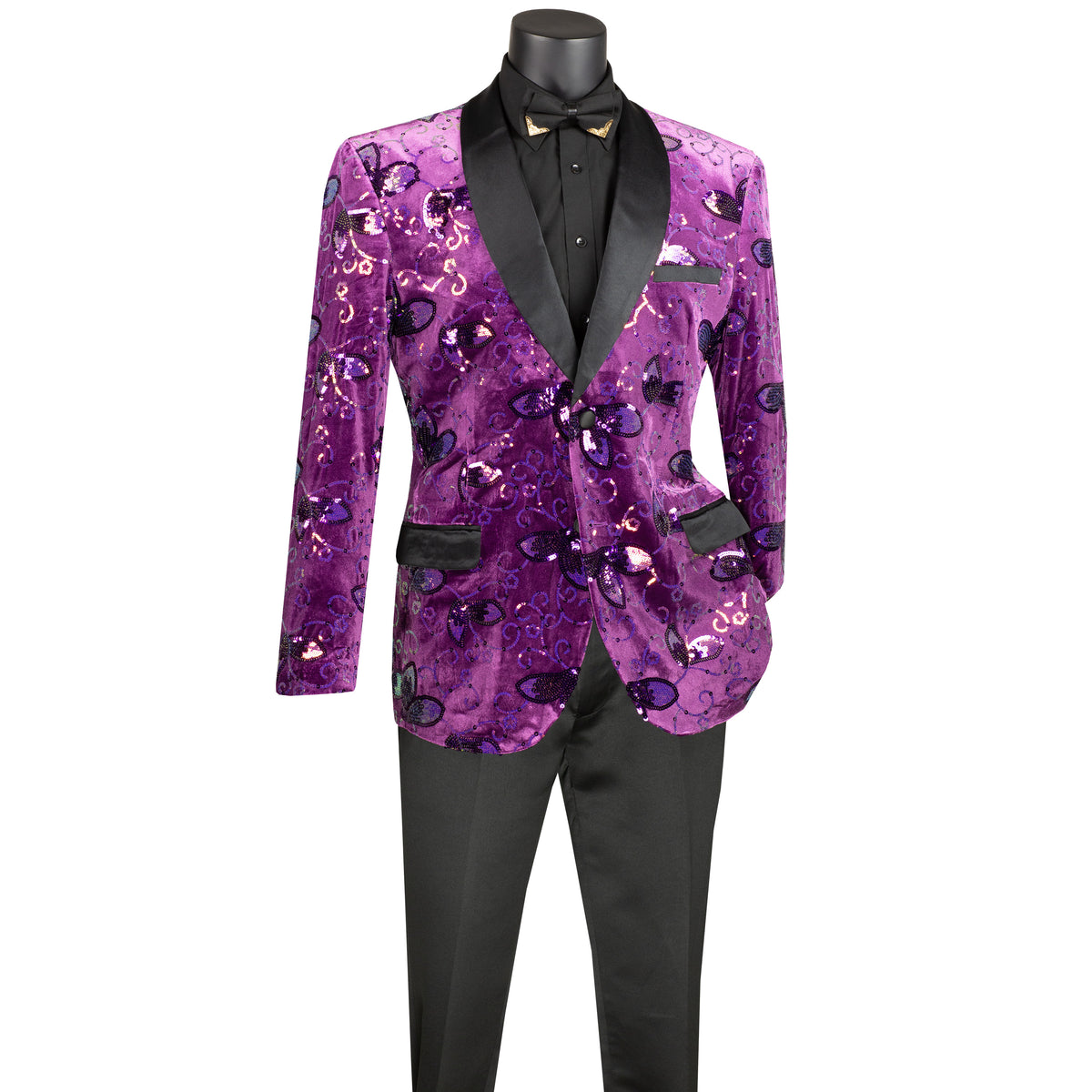 Floral Sequins Velvet Slim-Fit Tuxedo Jacket in Purple