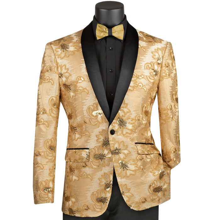 Paisley Embroidered Slim-Fit Blazer w/ Bow Tie in Champagne Beige