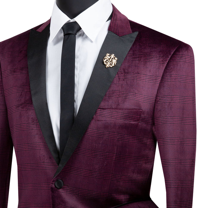 Glen Plaid Slim-Fit Velvet Tuxedo Jacket in Burgundy