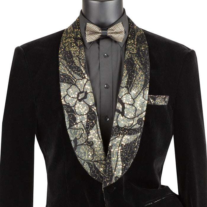 Velvet Blazer w/ Floral Shawl Collar & Cuff in Black