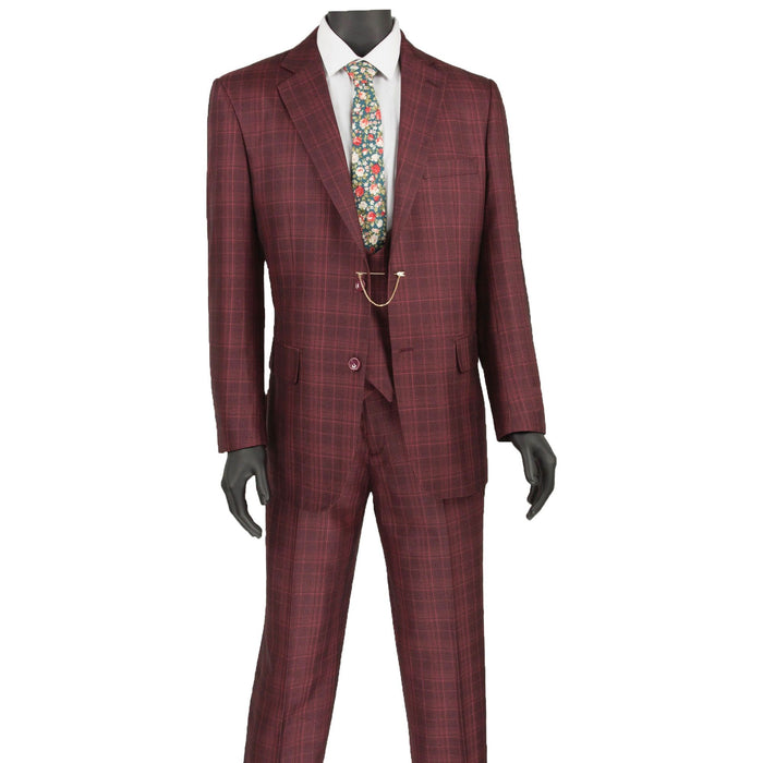 Sharkskin Glen Plaid 3-Piece Classic-Fit Suit in Burgundy