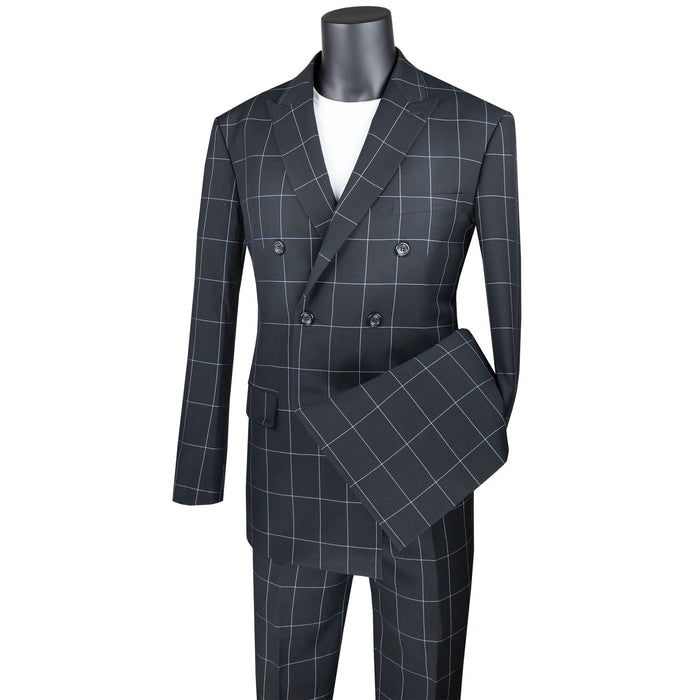 Windowpane Double-Breasted Modern-Fit Suit in Black