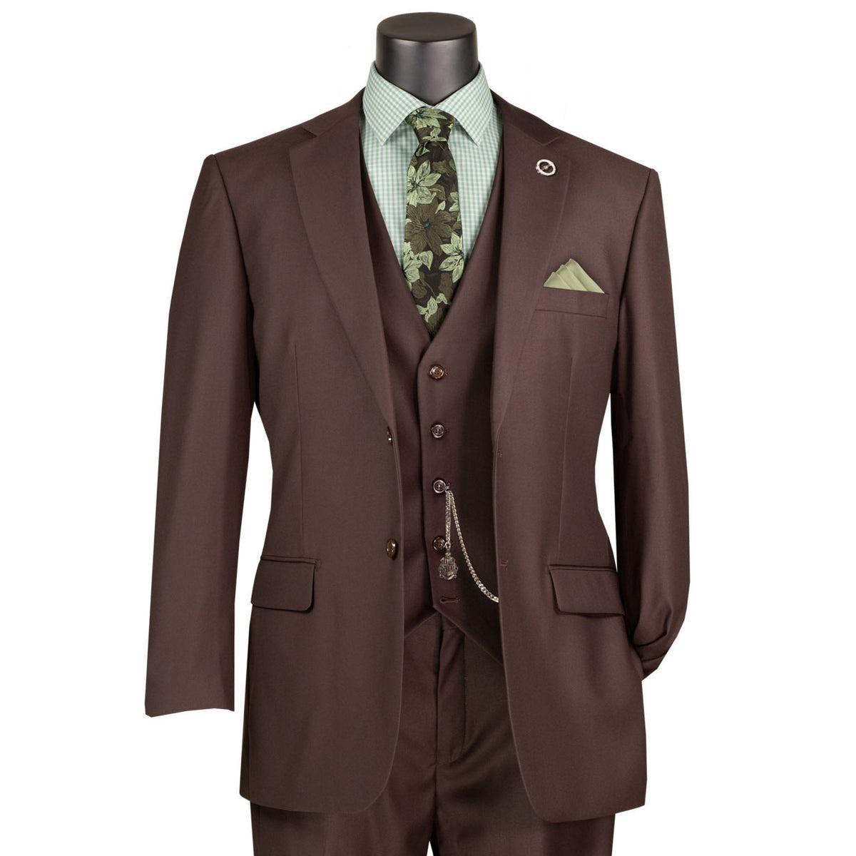 3 Piece 2 Button Classic Fit Suit w/ Flexible Waistband in Brown
