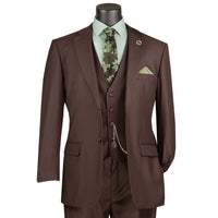 3 Piece 2 Button Classic Fit Suit w/ Flexible Waistband in Brown