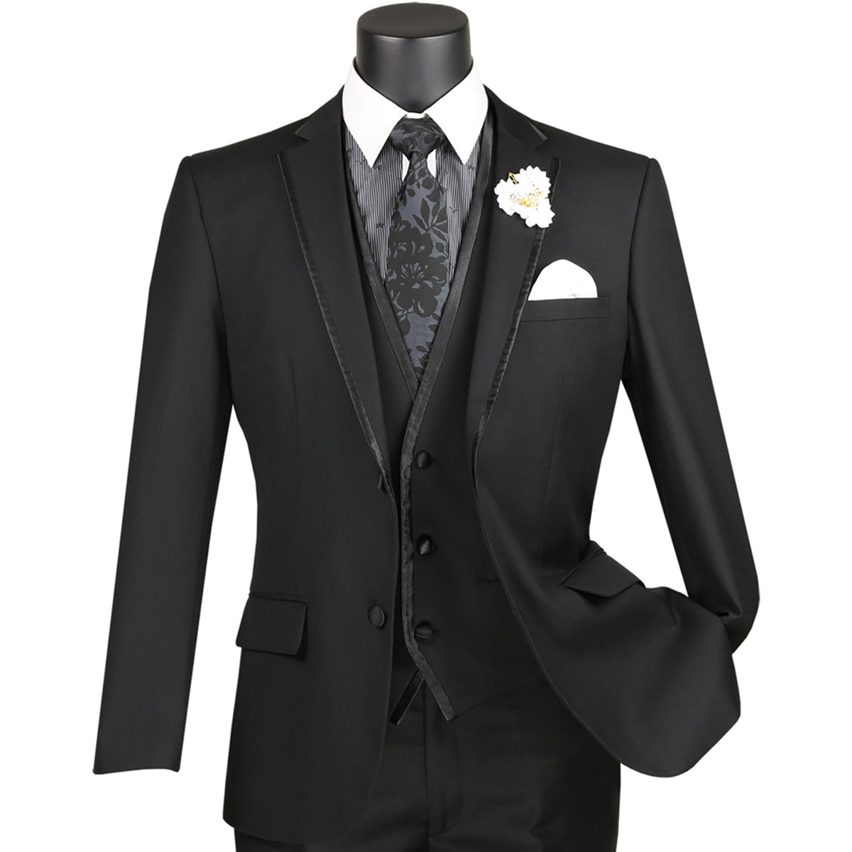 Trimmed 3-Piece Slim-Fit Tuxedo in Black