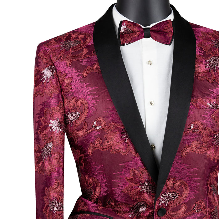 Paisley Embroidered Slim-Fit Blazer w/ Bow Tie in Burgundy