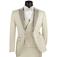 3-Piece Slim-Fit Tuxedo w/ Bow-Tie in Ecru Beige