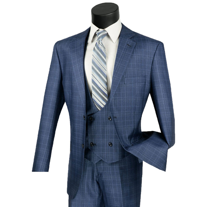 Sharkskin Glen Plaid 3-Piece Classic-Fit Suit in Oxford Blue