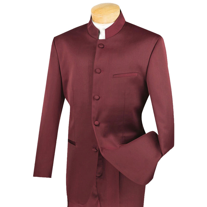 Banded Collar Classic-Fit Tuxedo Suit in Burgundy