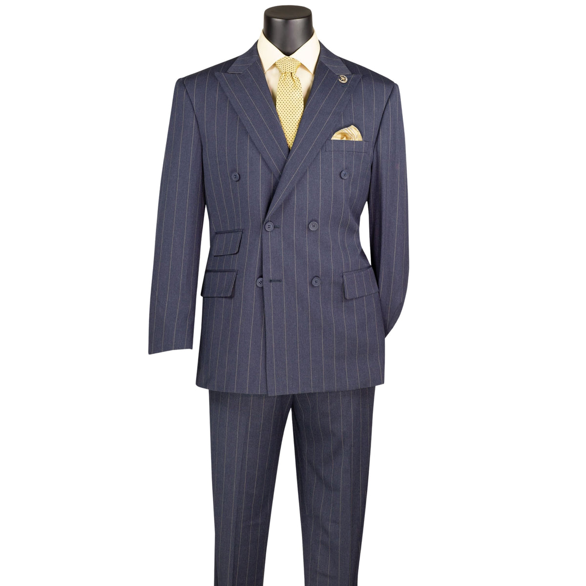 Wide Striped Double Breasted Regular Fit Suit w/ Adjustable Waistband in Denim Blue