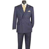 Wide Striped Double Breasted Regular Fit Suit w/ Adjustable Waistband in Denim Blue