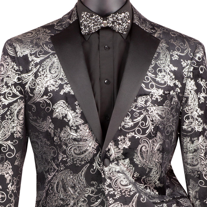 Paisley Embossed Modern-Fit Tuxedo Jacket in Silver & Black