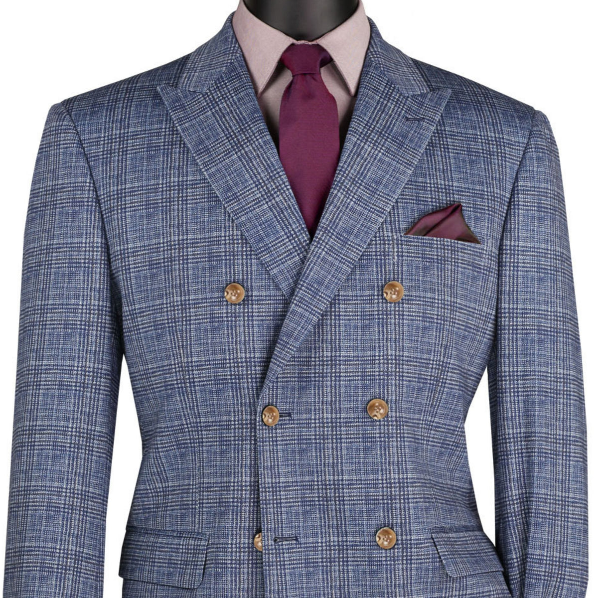 Glen Plaid Double Breasted Stretch Regular Fit Blazer in Blue
