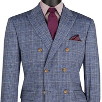 Glen Plaid Double Breasted Stretch Regular Fit Blazer in Blue