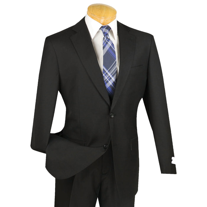 VINCI Men's Black 2-Button Suit with Flat-Front Pants, Regular Fit - NEW. Classic design with a fully lined notch lapel jacket and trousers ready for tailoring. Versatile for office days or stylish nights out. Available at Fashion House Inc. (FH Menswear)