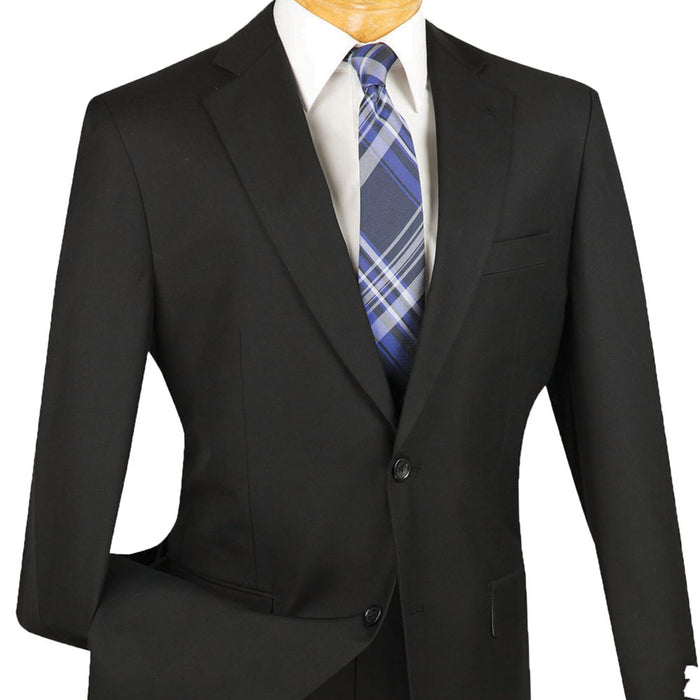 VINCI Men's Black 2-Button Suit with Flat-Front Pants, Regular Fit - NEW. Classic design with a fully lined notch lapel jacket and trousers ready for tailoring. Versatile for office days or stylish nights out. Available at Fashion House Inc. (FH Menswear)