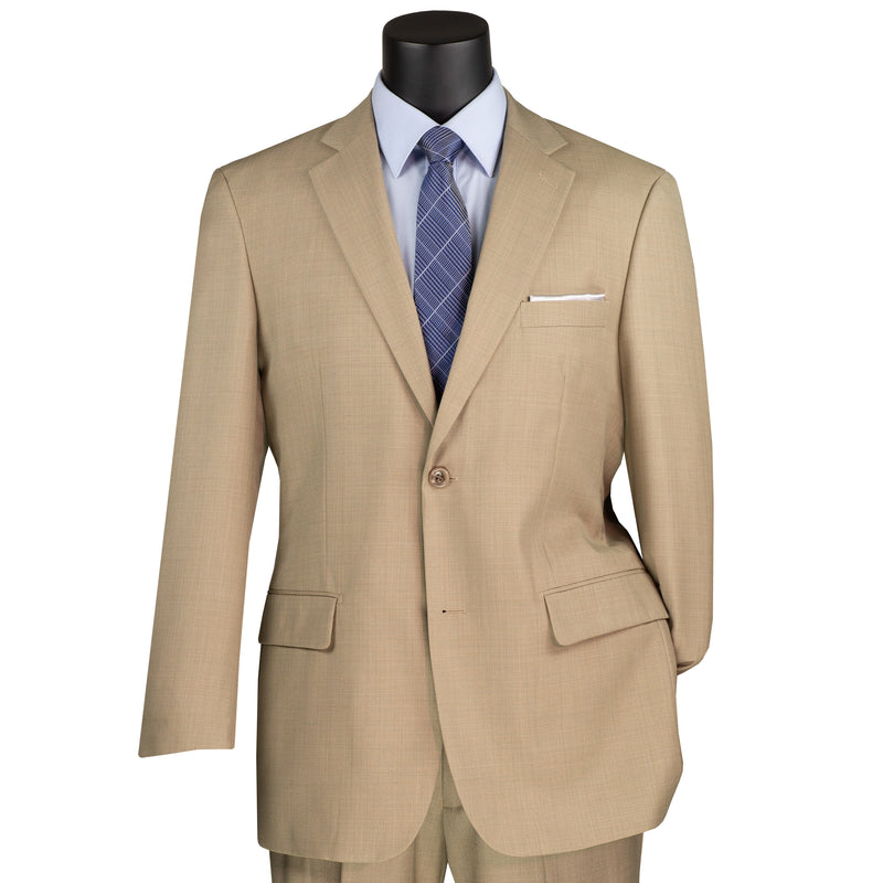 VINCI Men's Beige Textured Weave 2-Button Classic-Fit Suit - NEW. Crafted with a classic full-cut silhouette, featuring a fully lined notch lapel jacket and flat-front pants ready for custom tailoring. Perfect for any occasion, from office to evening. Available at Fashion House Inc. (FH Menswear)