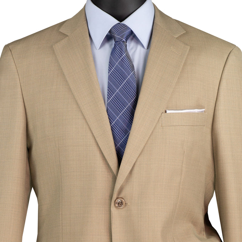 VINCI Men's Beige Textured Weave 2-Button Classic-Fit Suit - NEW. Crafted with a classic full-cut silhouette, featuring a fully lined notch lapel jacket and flat-front pants ready for custom tailoring. Perfect for any occasion, from office to evening. Available at Fashion House Inc. (FH Menswear)