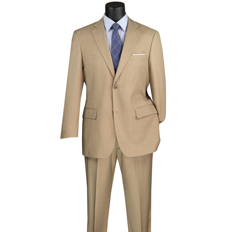 VINCI Men's Beige Textured Weave 2-Button Classic-Fit Suit - NEW. Crafted with a classic full-cut silhouette, featuring a fully lined notch lapel jacket and flat-front pants ready for custom tailoring. Perfect for any occasion, from office to evening. Available at Fashion House Inc. (FH Menswear)