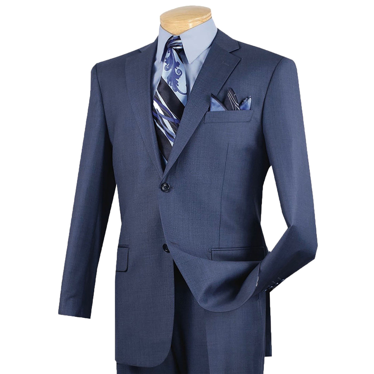 VINCI Men's Blue Textured Weave 2-Button Classic-Fit Suit - NEW. Crafted with a classic full-cut silhouette, featuring a fully lined notch lapel jacket and flat-front pants ready for custom tailoring. Perfect for any occasion, from office to evening. Available at Fashion House Inc. (FH Menswear)