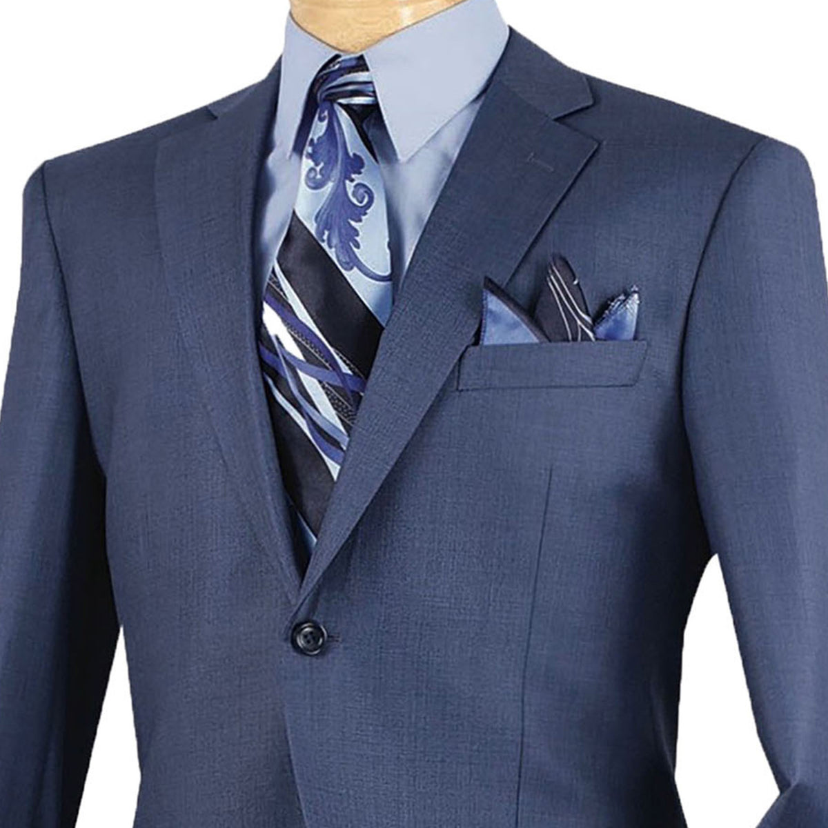 VINCI Men's Blue Textured Weave 2-Button Classic-Fit Suit - NEW. Crafted with a classic full-cut silhouette, featuring a fully lined notch lapel jacket and flat-front pants ready for custom tailoring. Perfect for any occasion, from office to evening. Available at Fashion House Inc. (FH Menswear)