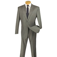 VINCI Men's Gray Textured Weave 2-Button Classic-Fit Suit - NEW. Crafted with a classic full-cut silhouette, featuring a fully lined notch lapel jacket and flat-front pants ready for custom tailoring. Perfect for any occasion, from office to evening. Available at Fashion House Inc. (FH Menswear)