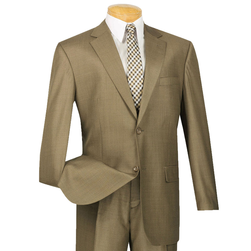 VINCI Men's Taupe Textured Weave 2-Button Classic-Fit Suit - NEW. Crafted with a classic full-cut silhouette, featuring a fully lined notch lapel jacket and flat-front pants ready for custom tailoring. Perfect for any occasion, from office to evening. Available at Fashion House Inc. (FH Menswear)